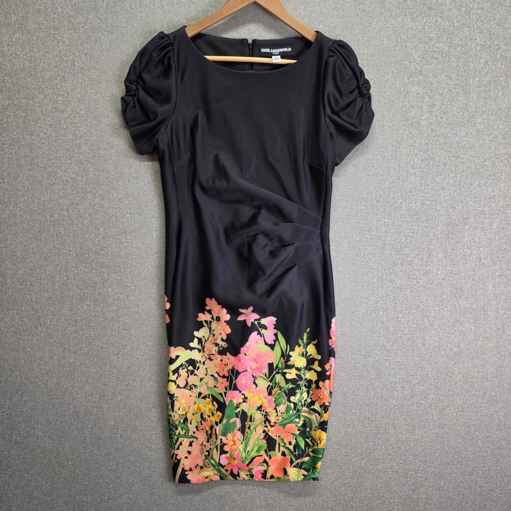 Karl Lagerfeld Paris Womens 10 Black Floral Sheath Dress NWOT Puff Sleeve